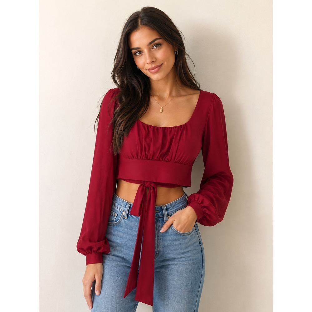 Forever 21 Long Sleeve Crop Top Blouse‎ Large EC-ROSETOP-328